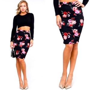 NWT Black Pink Floral High Waist Pencil Skirt - Small